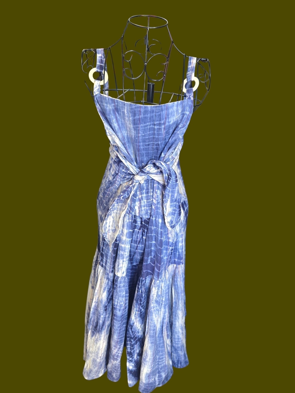 Women's Blue Tie-Dye Midi Dress with Waist Tie